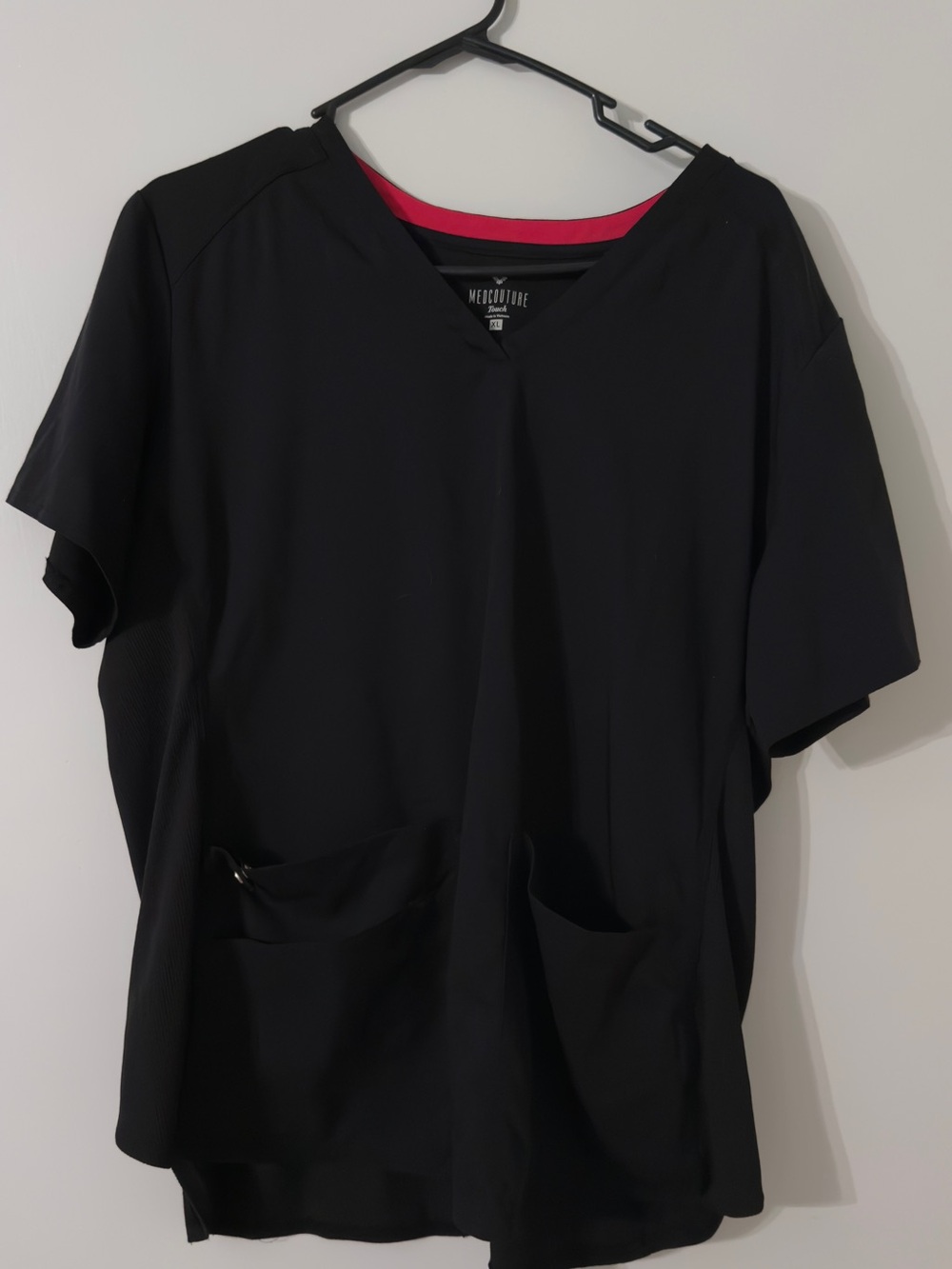 Med Couture Black Scrub Top with Pink Neckline Accent